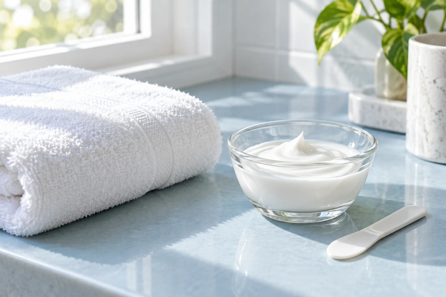 Sunscreen lotion, a spatula and a cotton towel on a blue counter
