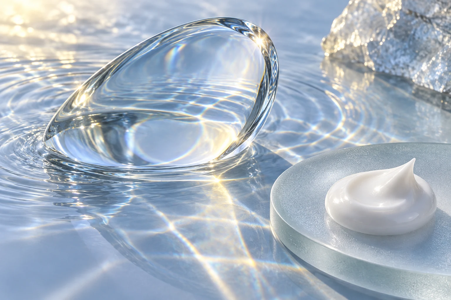 Light refracted through glass beside a cosmetic cream texture